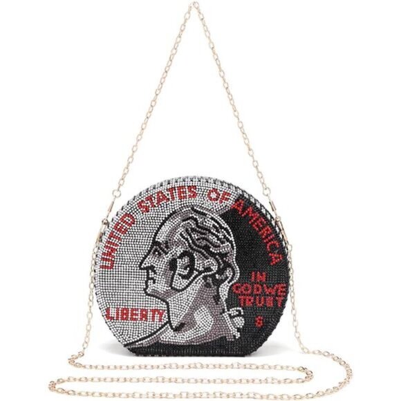 Quarter Coin Purse Handbag Rhinestone Evening Clutch Bag Money Shoulder Strap - Picture 4 of 7